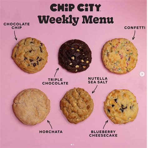 Chip city menu - Triple Chocolate. Fudge cookie mixed with dark chocolate chips, milk chocolate chips and white chocolate chips. White Chocolate Cranberry Oat. …